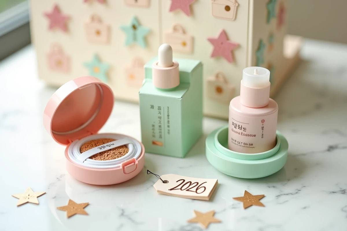 Gros plan sur les compartiments ouverts d'un calendrier de l'Avent YesStyle révélant des produits cosmétiques coréens miniatures