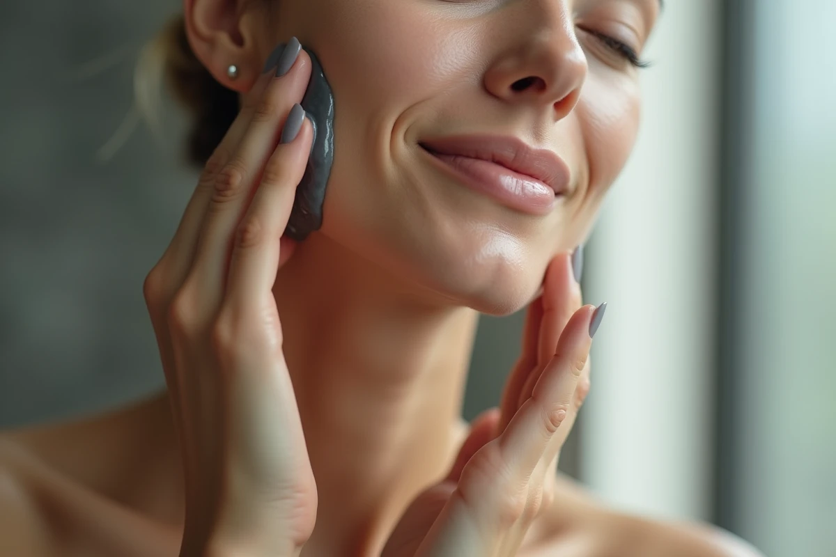 Gros plan de mains massant du savon noir sur la joue d'une femme avec formation de mousse douce