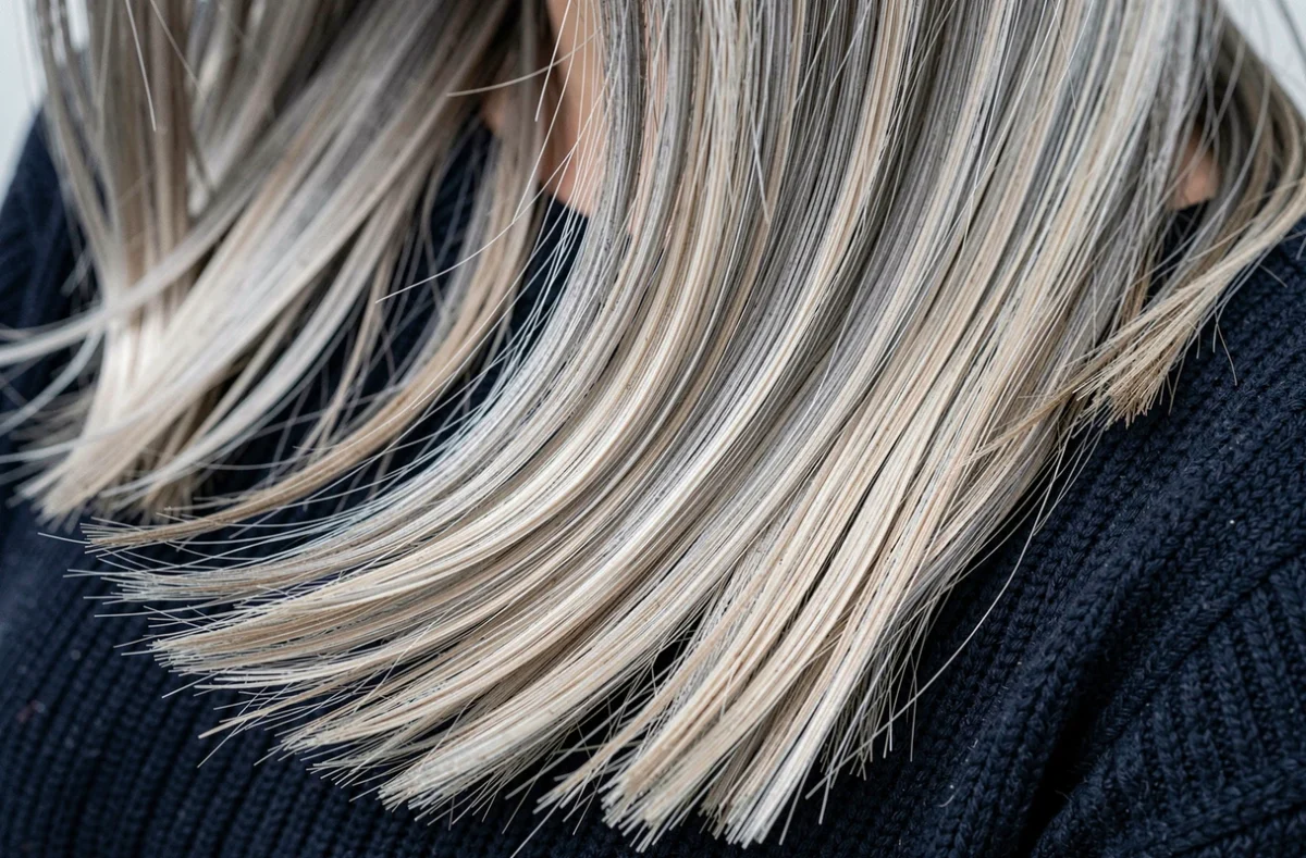 Gros plan sur des mèches balayage blanc perle sur cheveux gris mi-longs avec technique grey blending