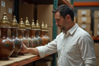 Grossiste orient : commerçant évaluant des céramiques et lanternes orientales dans un entrepôt de gros