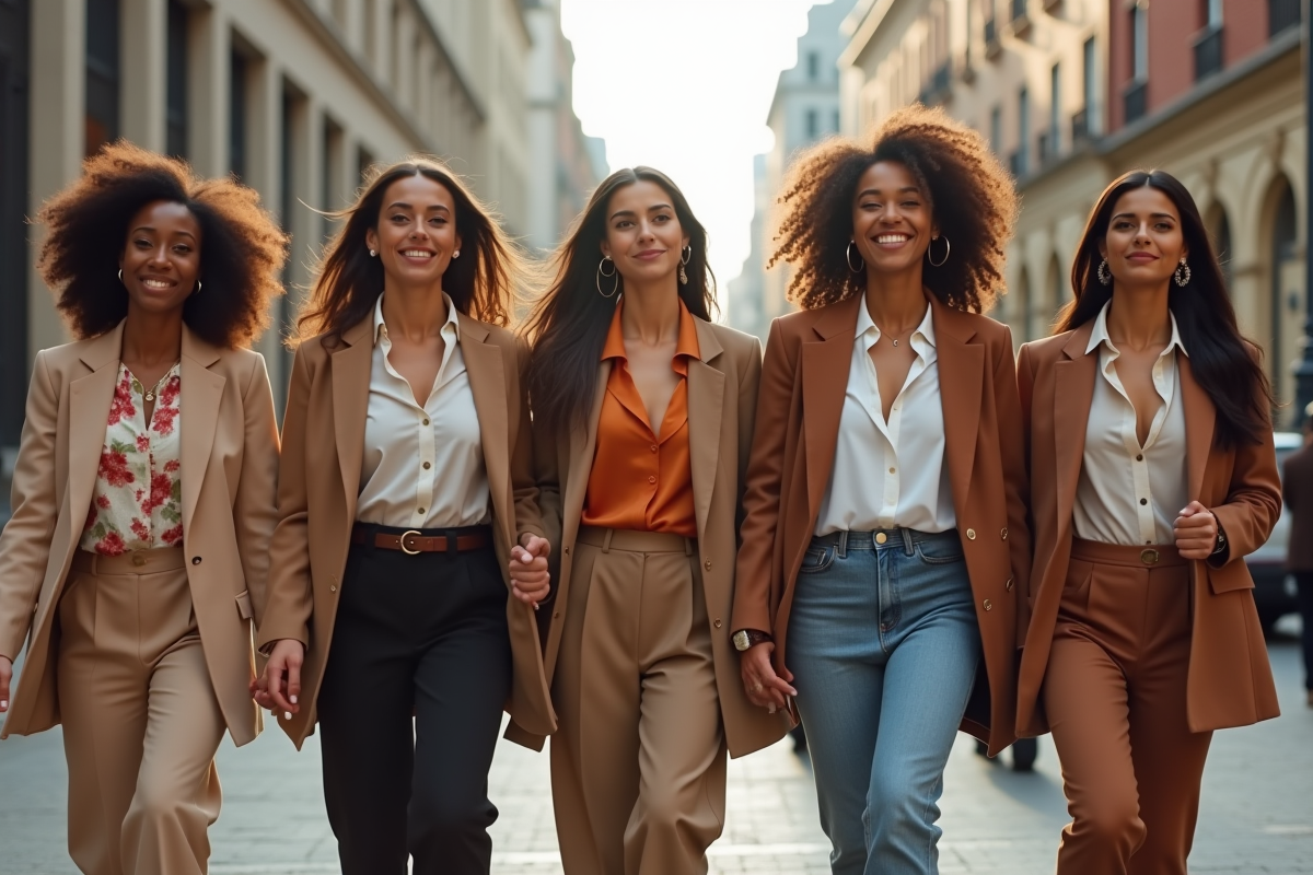 Groupe de femmes diverses marchant dans la rue en style élégant
