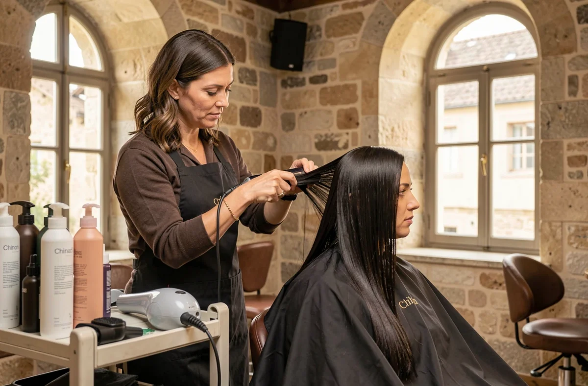 Coiffeuse du salon Hairbane à Chinon appliquant un traitement capillaire dans un cadre en pierre de la vallée de la Loire