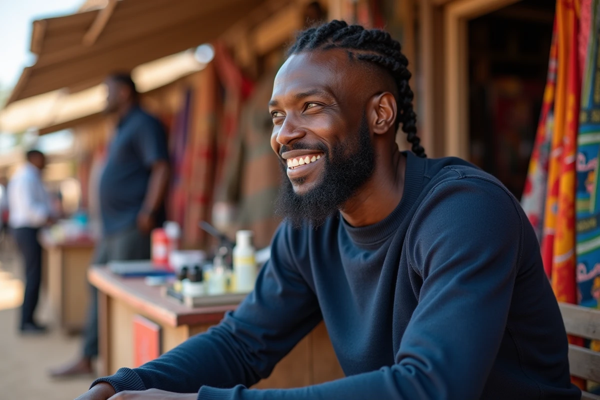 Homme noir relaxe avec tresses dans un marché local