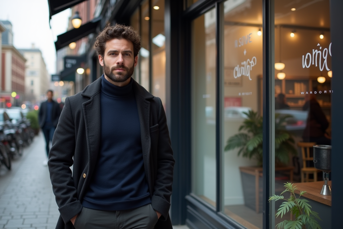 Homme confiant passant devant un barbershop urbain