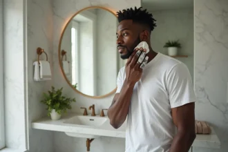 Jeune homme noir appliquant de la creme de rasage dans une salle de bain moderne