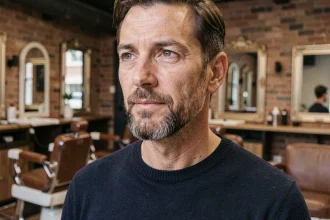 Homme de 45 ans avec un bouc menton soigneusement taillé dans un salon de barbier moderne, portrait éditorial réaliste