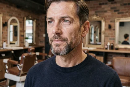 Homme de 45 ans avec un bouc menton soigneusement taillé dans un salon de barbier moderne, portrait éditorial réaliste