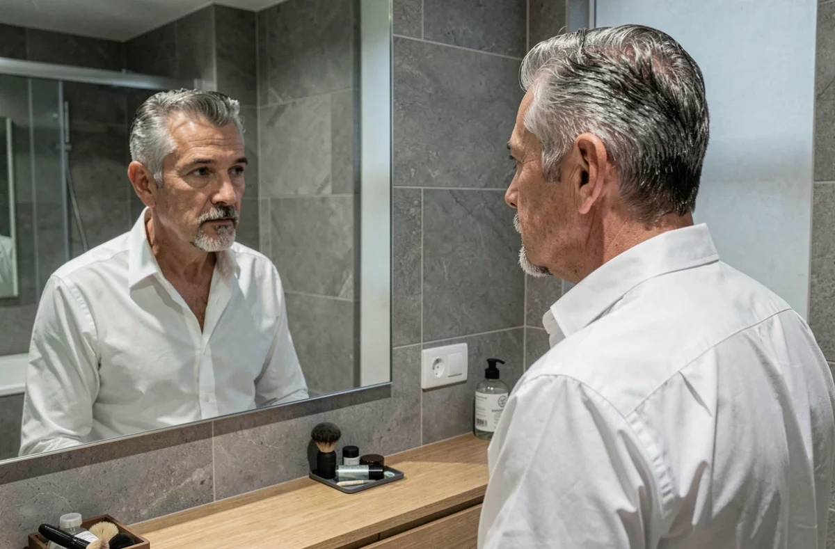 Homme de 50 ans au bouc poivre et sel se regardant dans un miroir de salle de bain contemporaine, ambiance grooming masculin