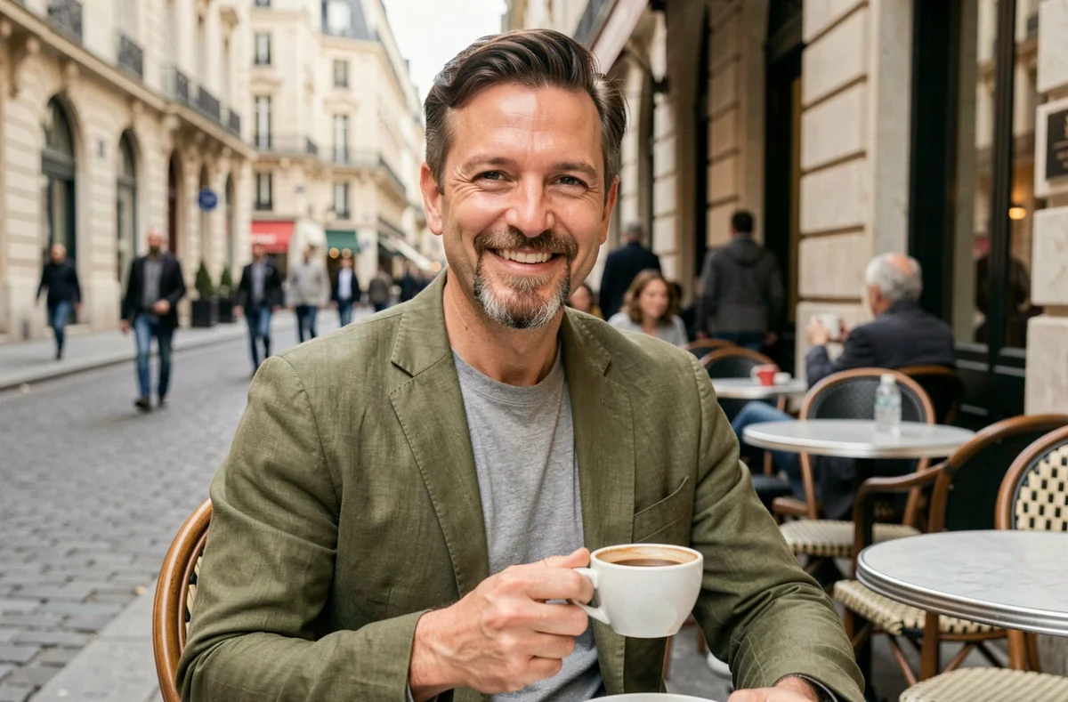 Homme de 42 ans avec bouc taillé souriant en terrasse de café parisien, style éditorial masculin rajeunissant