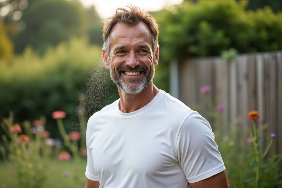 Homme dans un jardin vaporisant un spray naturel sur le visage