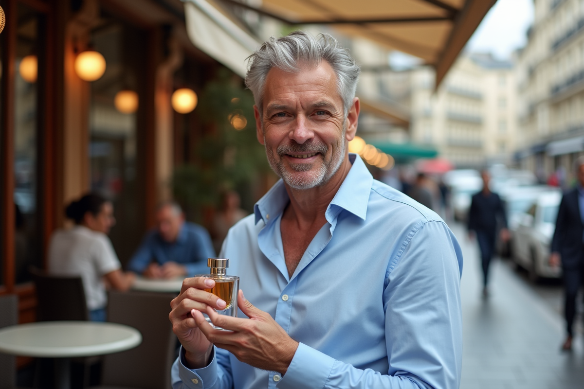 Homme souriant dégustant un parfum en extérieur à Paris
