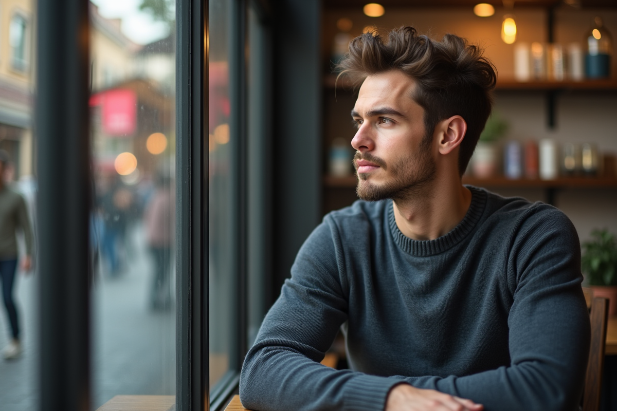 Homme pensif regardant par la fenetre d un cafe