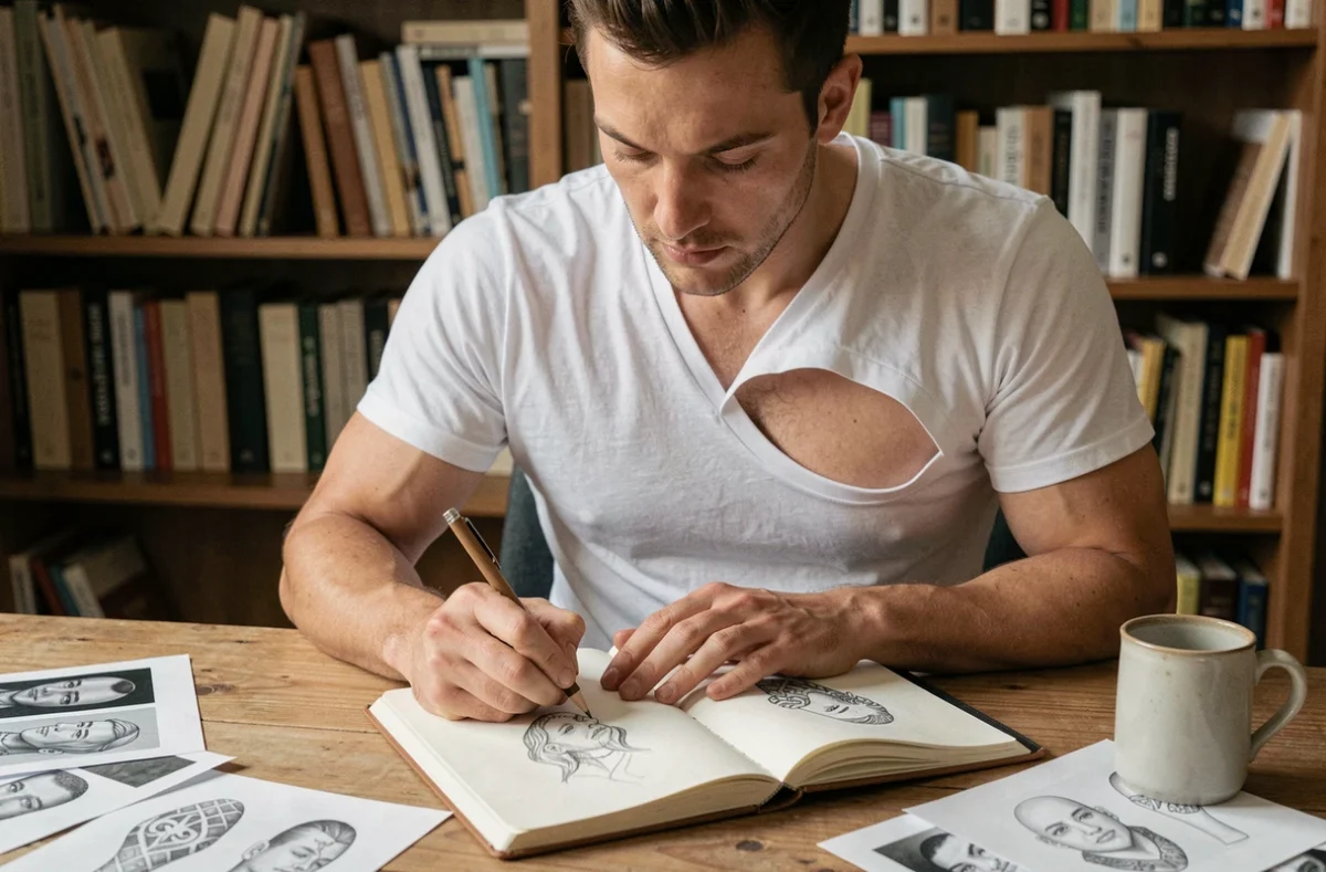 Homme dessinant des idées de tatouage pectoraux dans un carnet à son bureau à la maison entouré de références visuelles