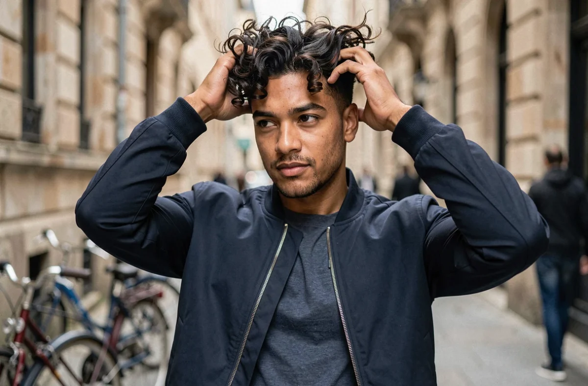 Homme aux cheveux frisés courts et soignés coiffant ses boucles en extérieur dans une rue urbaine avec une veste bomber marine