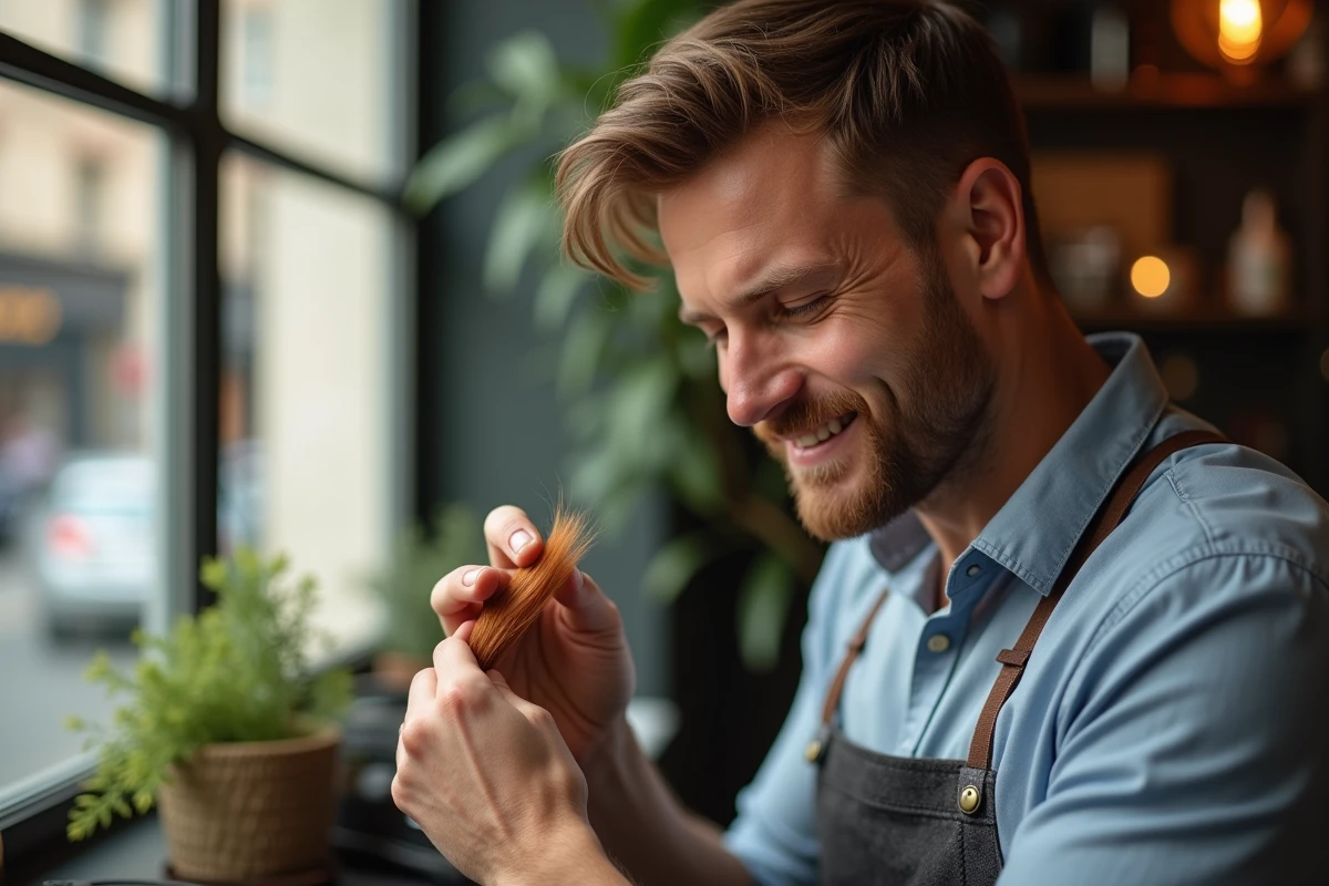 Coiffeur homme examine cheveux colorés dans le salon