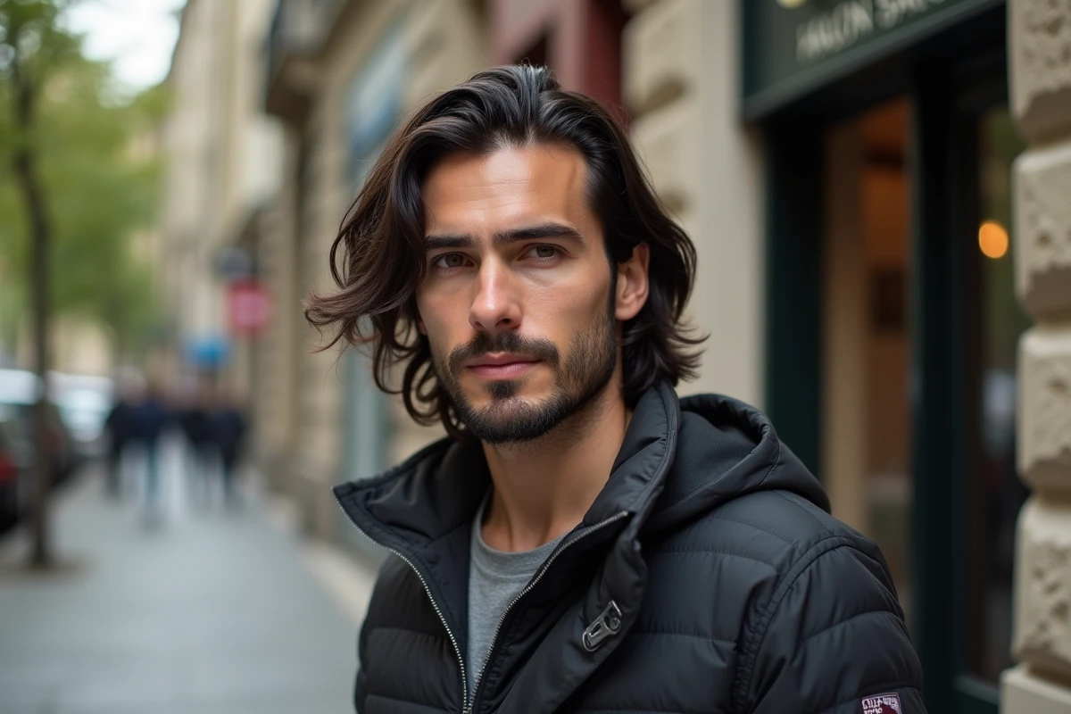 Homme avec cheveux longs et coupe nette devant salon chic