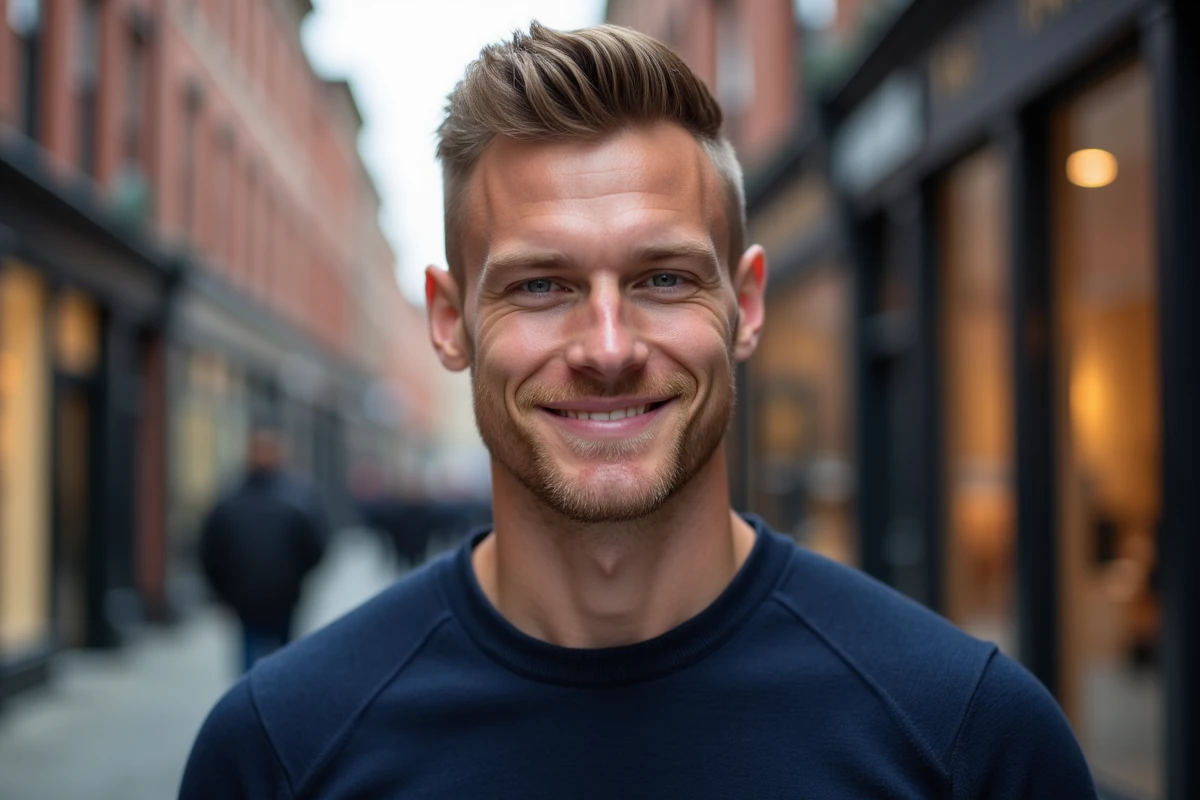 Homme européen en pull bleu marine avec une coupe fade taper soignée photographié en extérieur dans une rue urbaine