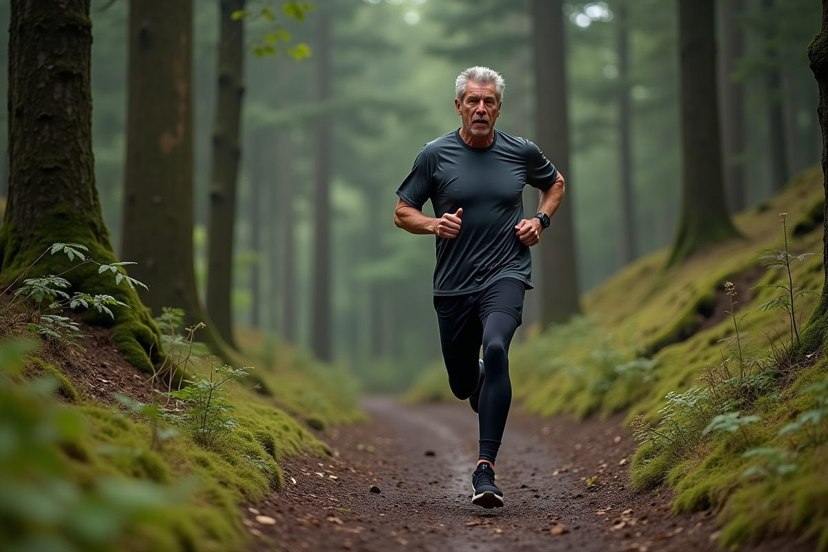Homme courant en forêt sur un sentier en montée
