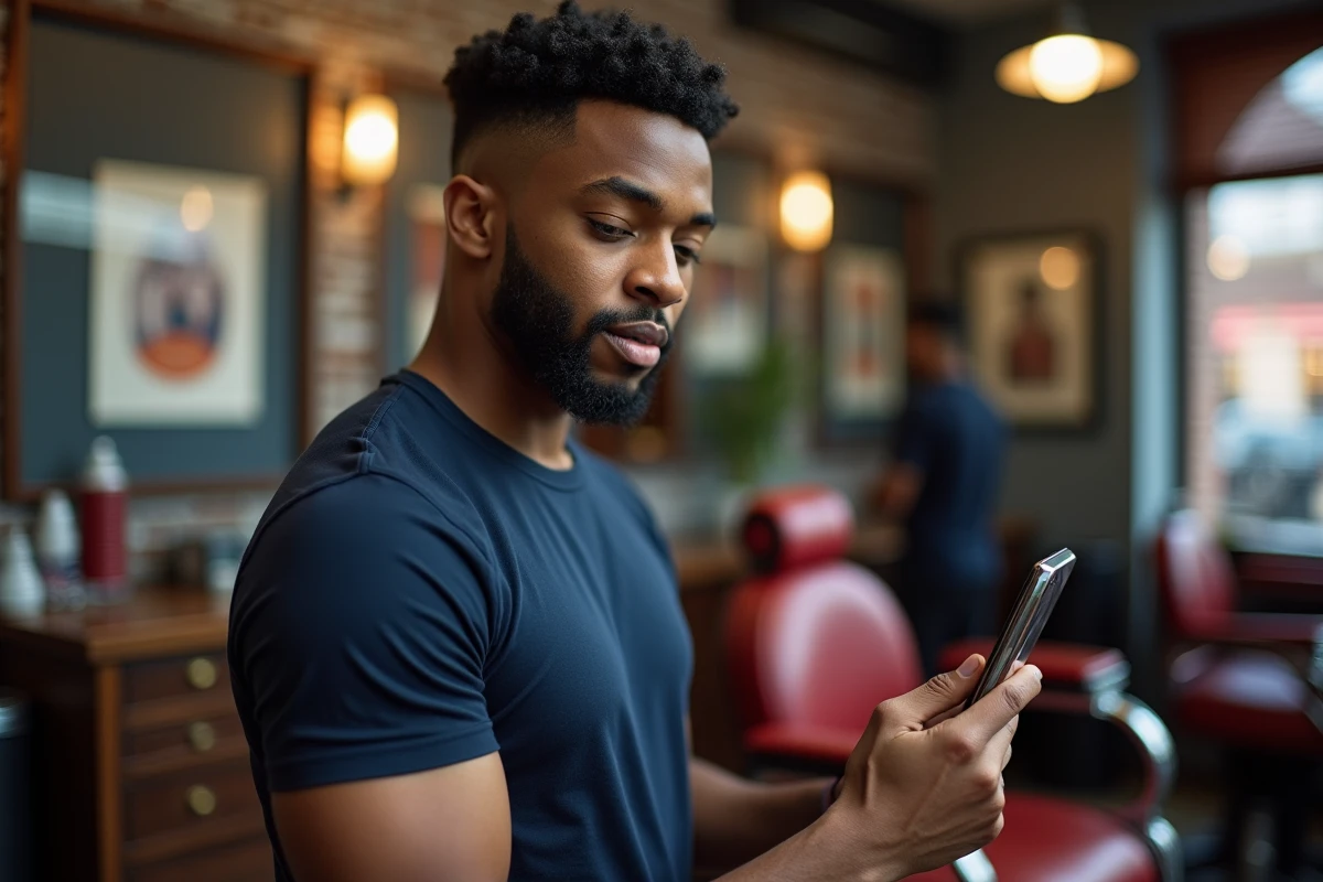 Homme en barbershop urbain inspectant son dégradé espagnol sur cheveux bouclés naturels avec un miroir à main