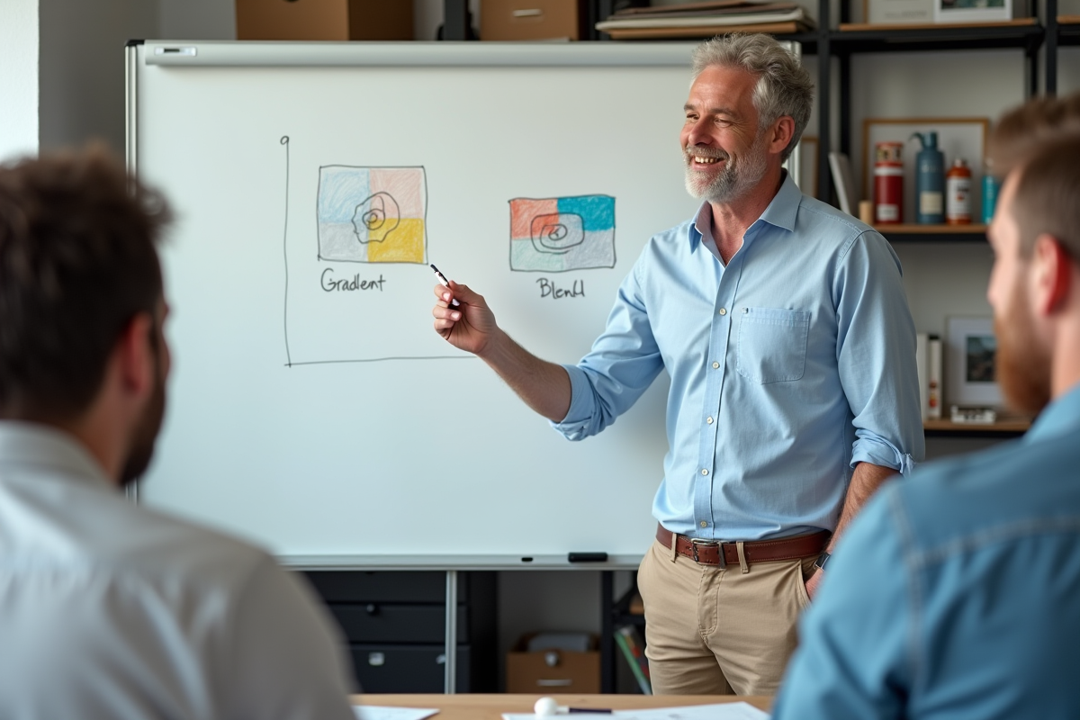 Homme expliquant des graphiques de dégradé et fusion sur whiteboard