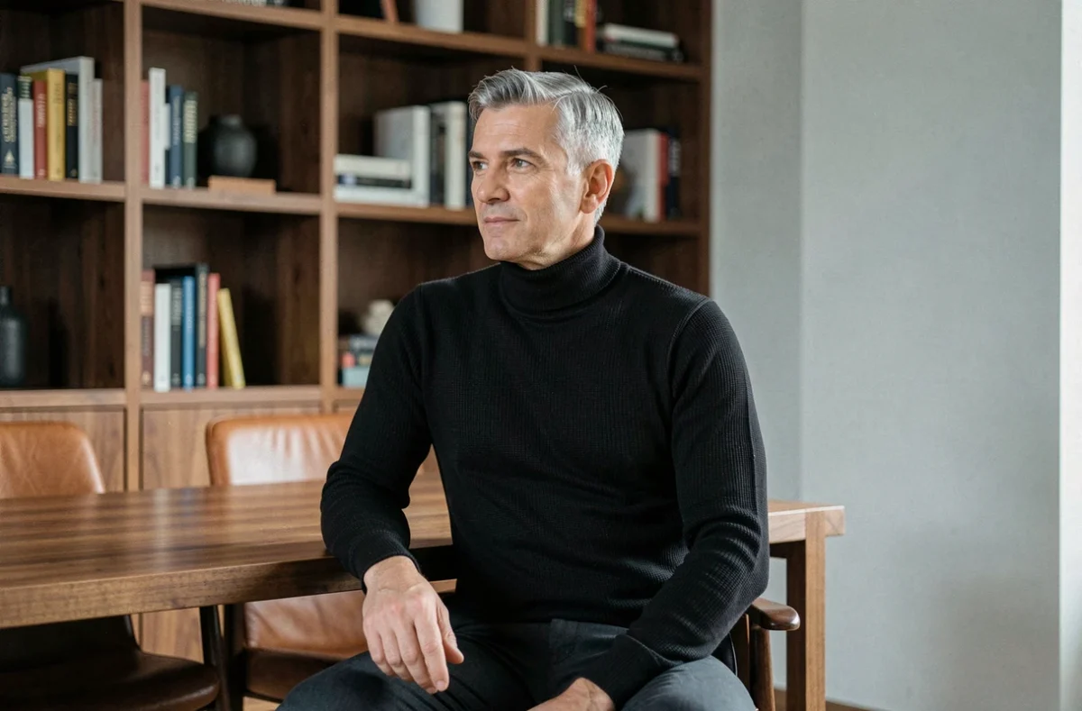 Homme distingué aux cheveux poivre et sel en col roulé noir dans un bureau élégant, évoquant le style Armani Code Profumo