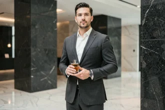 Homme élégant en costume gris anthracite tenant un flacon de parfum de luxe dans un hall contemporain en marbre