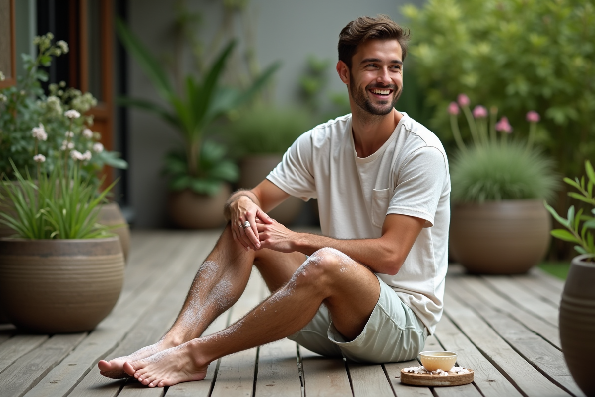 Homme se massant avec un gommage dans un jardin