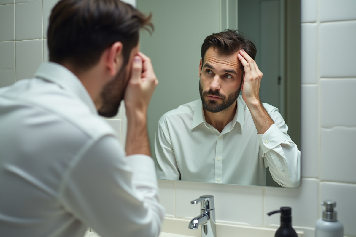 Homme regardant sa ligne de cheveux dans le miroir