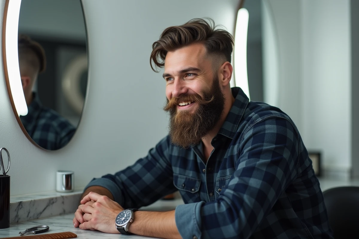 Homme avec une longue barbe soignée admirant son style dans le miroir d'un salon de coiffure haut de gamme