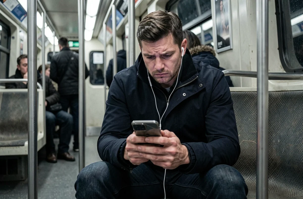 Homme dans le métro regardant son téléphone avec méfiance face à un contenu douteux