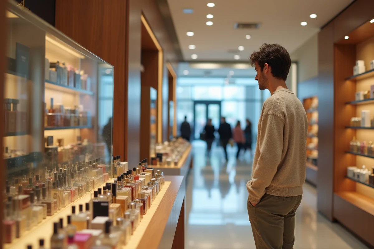 Jeune homme regardant des parfums en magasin