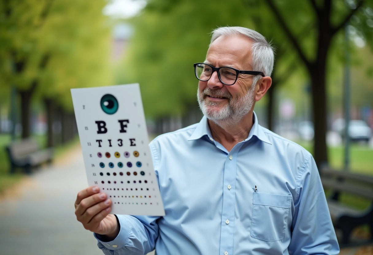 Homme regardant un test de vue en plein air dans un parc