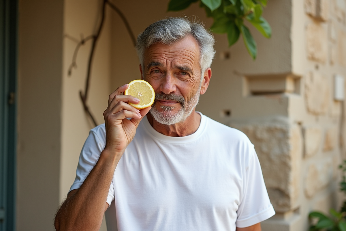 Homme pensif tenant un citron devant un mur rustique