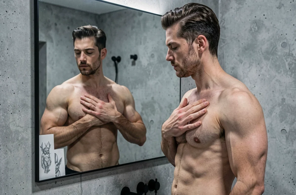 Homme torse nu étudiant le placement d'un futur tatouage sur les pectoraux devant un miroir dans une salle de bain minimaliste