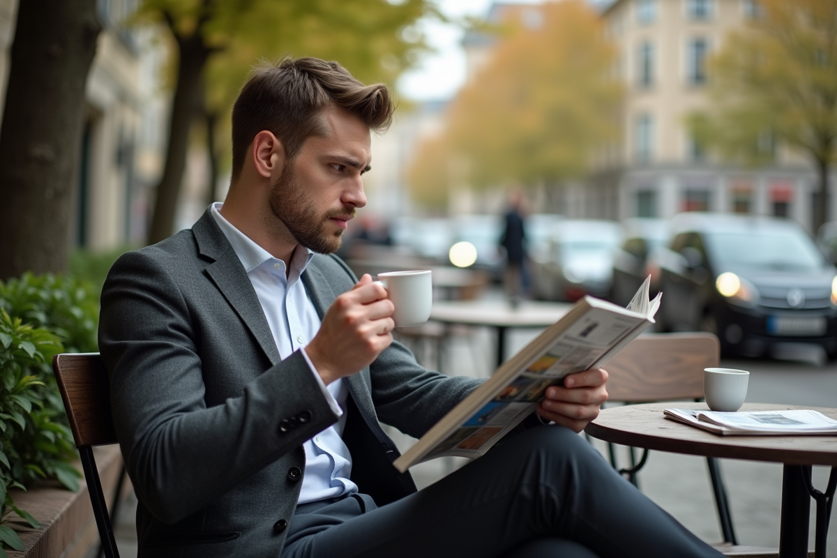 Homme professionnel détendu buvant un café en terrasse