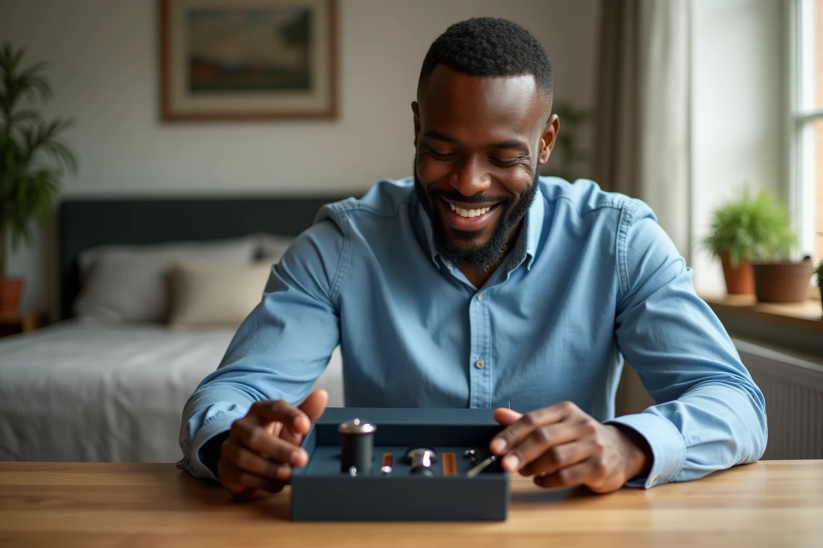 Homme noir avec barbe examinant un coffret de rasage dans une chambre lumineuse