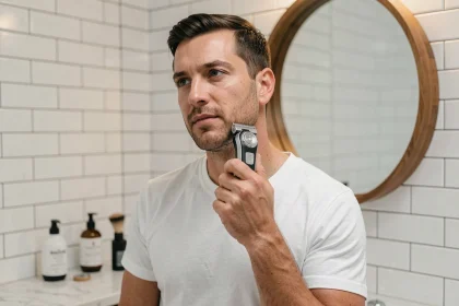 Homme utilisant un rasoir électrique Gillette dans une salle de bain moderne pour un rasage quotidien impeccable