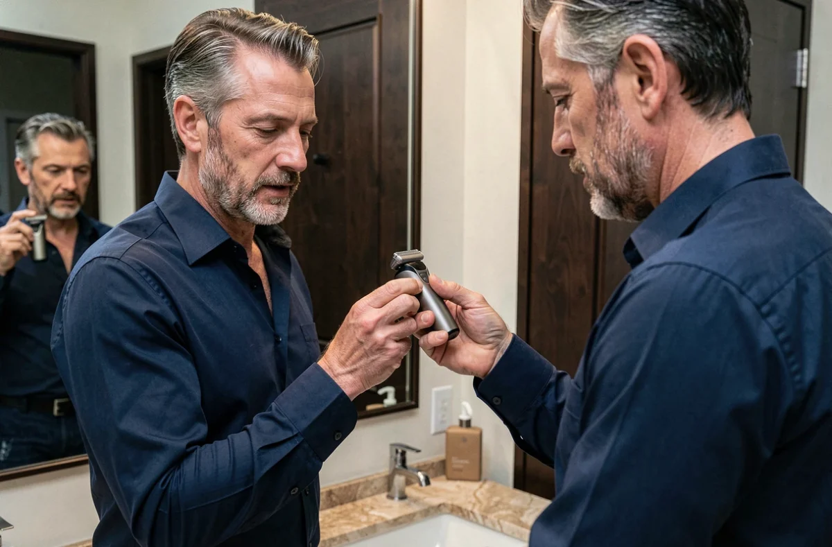 Homme d'âge mûr inspectant son rasoir électrique Gillette devant un miroir dans une salle de bain contemporaine