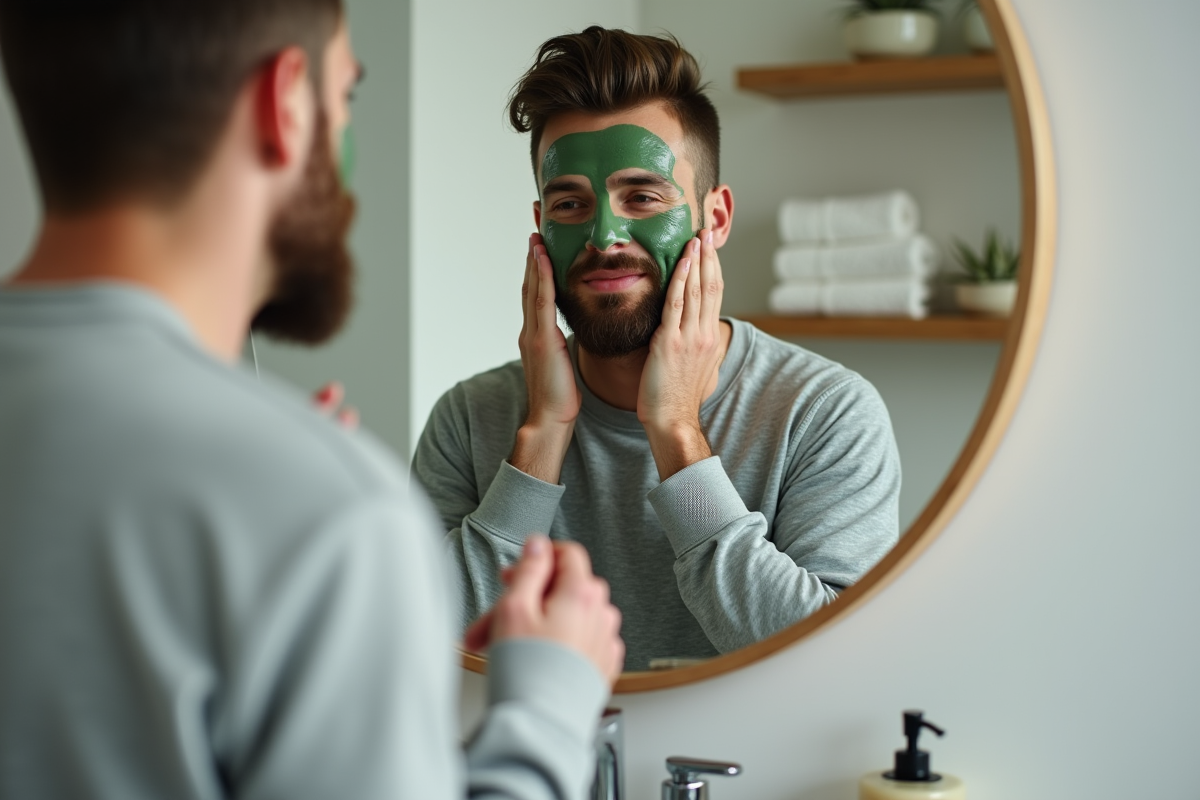 Homme rinçant un masque visage dans sa salle de bain
