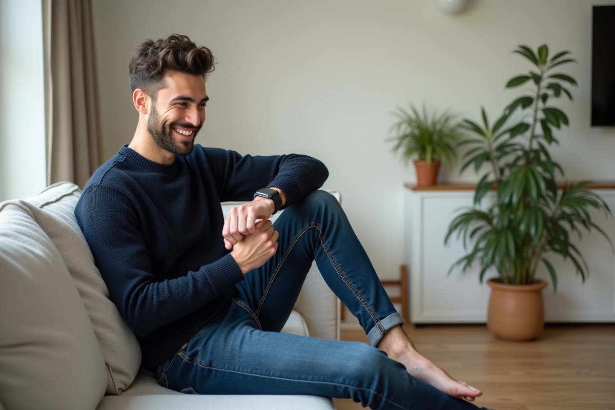 Homme en pull bleu assis sur un canapé moderne