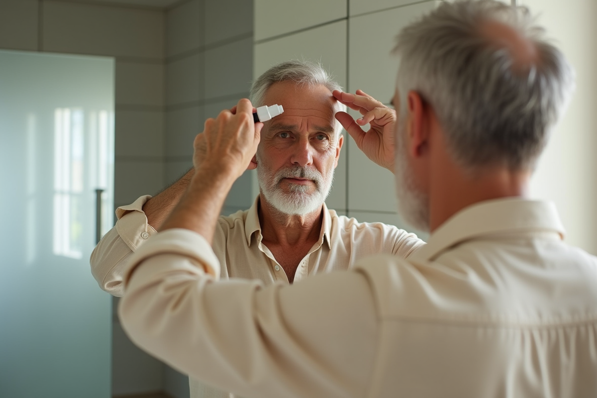 Homme appliquant un serum visage devant le miroir