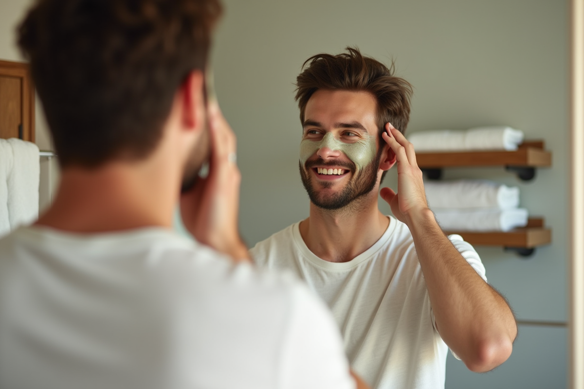Homme appliquant un masque capillaire dans sa salle de bain