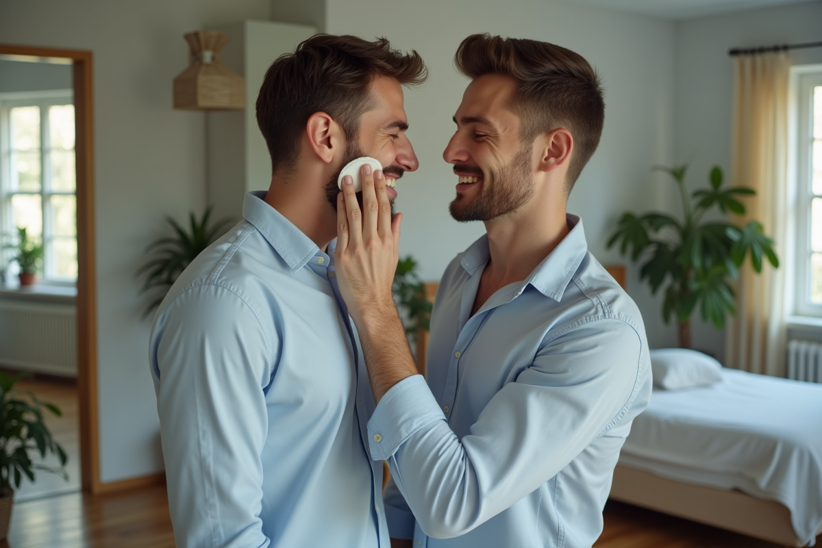 Homme applique un coton sur sa joue dans une chambre calme