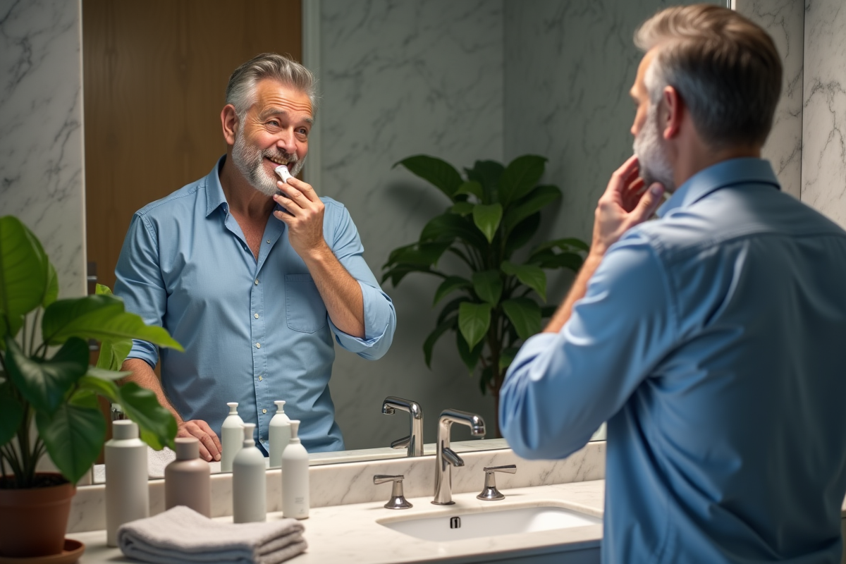 Homme appliquant après-rasage dans sa salle de bain moderne