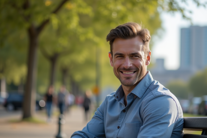 Homme souriant assis dans un parc urbain en ville