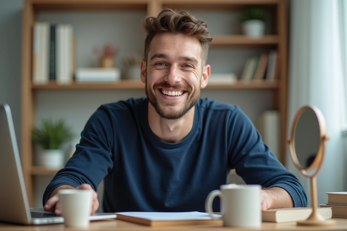 Homme souriant avec des dents blanches et brillantes assis à un bureau en bois dans un espace de travail moderne