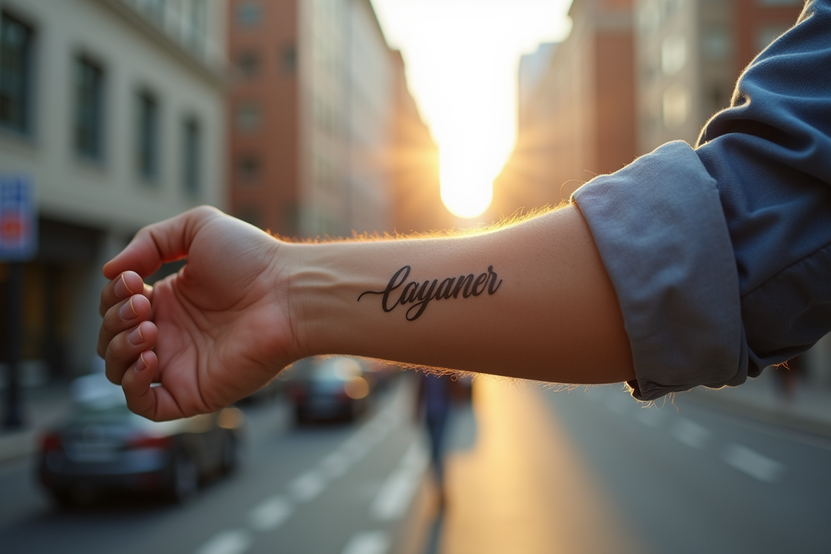 Homme montrant tatouage nom minimaliste sur poignet extérieur