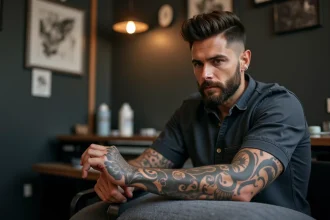 Homme avec tatouage bras dans un studio moderne