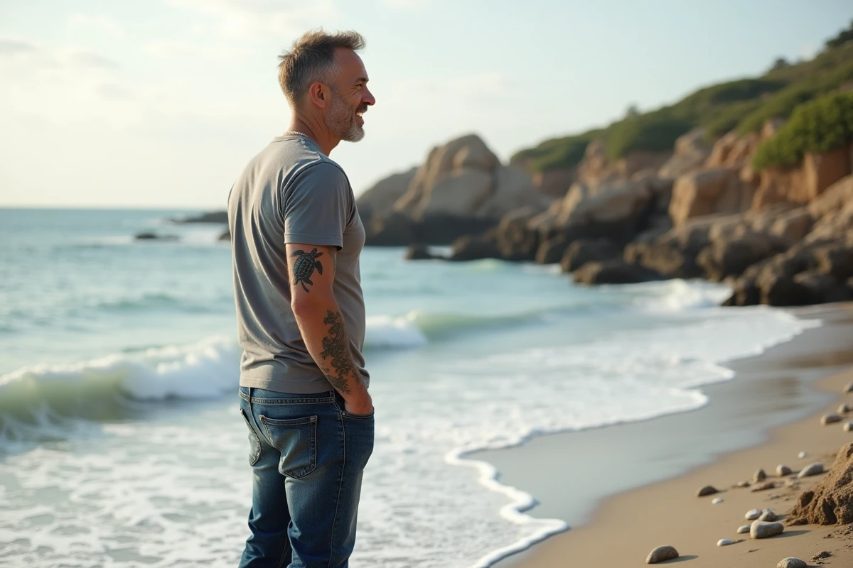 Homme avec tatouage de tortue à la plage en extérieur