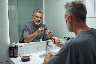Homme aux cheveux poivre et sel appliquant une teinture capillaire devant un miroir de salle de bain